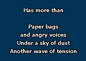 Has more than

Paper bags

and angry voices
Under a sky of dust
Another wave of tension