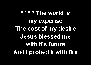 The world is
my expense
The cost of my desire

Jesus blessed me
with ifs future
And I protect it with fire