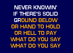 NEVER KNOVVIN'
IF THERES SOLID
GROUND BELOW
0R HAND TO HOLD
0R HELL TO PAY
WHAT DO YOU SAY
WHAT DO YOU SAY