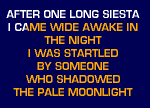 AFTER ONE LONG SIESTA
I CAME WIDE AWAKE IN
THE NIGHT
I WAS STARTLED
BY SOMEONE
WHO SHADOWED
THE PALE MOONLIGHT