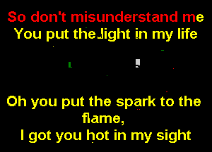 So don't misunderstand me
You put theJight in my life

1 9
Oh you put the spark to the

flame,
I got you hot in my sight