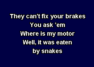 They canyt fix your brakes
You ask yem

Where is my motor
Well, it was eaten
by snakes
