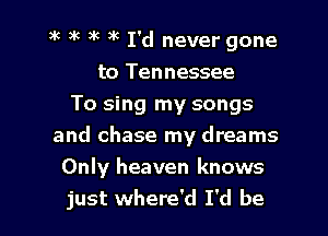 3k )k 3k )K I'd never gone
to Tennessee
To sing my songs
and chase my dreams
Only heaven knows

just where'd I'd be I