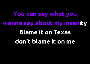 You can say what you
wanna say about my insanity
Blame it on Texas
don't blame it on me