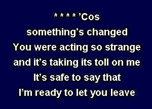 a a a a 3005
somethings changed
You were acting so strange
and its taking its toll on me
Its safe to say that
Pm ready to let you leave