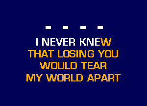 I NEVER KNEW

THAT LOSING YOU
WOULD TEAR

MY WORLD APART