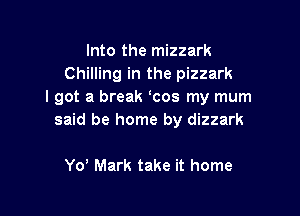 Into the mizzark
Chilling in the pizzark
I got a break cos my mum

said be home by dizzark

Yo' Mark take it home