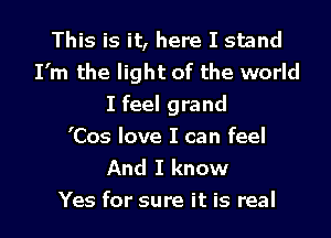 This is it, here I stand
I'm the light of the world
I feel grand

'Cos love I can feel
And I know

Yes for sure it is real I