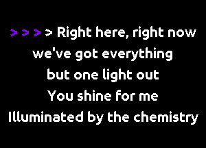 a- a- a- a- Right here, right now
we've got everything
but one light out
You shine for me
Illuminated by the chemistry
