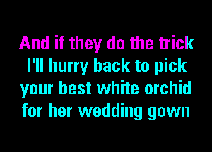 And if they do the trick
I'll hurry hack to pick

your best white orchid
for her wedding gown