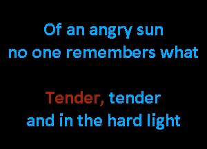 Of an angry sun
no one remembers what

Tender, tender
and in the hard light
