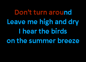 Don't turn around
Leave me high and dry
I hear the birds
on the summer breeze