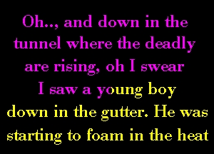 Oh.., and down in the
tunnel Where the deadly

are rising, oh I swear
I saw a young boy
down in the gutter. He was
starting to foam in the heat