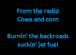 From the radio
Cows and corn

Burnin' the backroads
suckin' jet fuel
