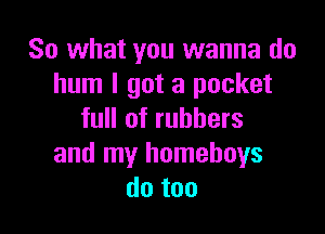 So what you wanna do
hum I got a pocket

full of rubbers
and my homeboys
do too