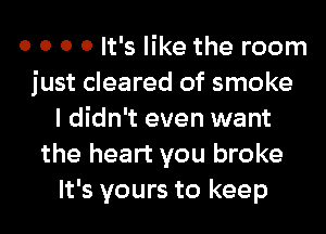 0 0 0 0 It's like the room
just cleared of smoke
I didn't even want
the heart you broke
It's yours to keep