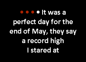 0 0 0 0 It was a
perfect day for the

end of May, they say
a record high
I stared at