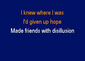 I knew where I was

I'd given up hope

Made friends with disillusion