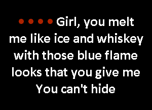 0 0 0 0 Girl, you melt
me like ice and whiskey
with those blue flame
looks that you give me
You can't hide