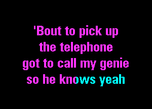 'Bout to pick up
the telephone

got to call my genie
so he knows yeah