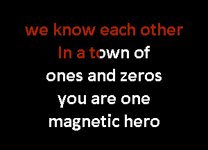 we know each other
In a town of

ones and zeros

you are one
magnetic hero