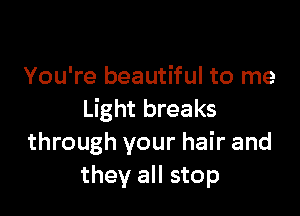 You're beautiful to me

Light breaks
through your hair and
they all stop