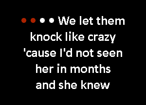 0 0 0 0 We let them
knock like crazy

'cause I'd not seen
her in months
and she knew