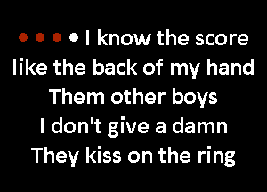 0 0 0 0 I know the score
like the back of my hand
Them other boys
I don't give a damn
They kiss on the ring