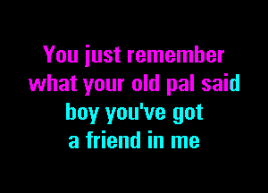 You iust remember
what your old pal said

boy you've got
a friend in me