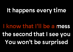 It happens every time

I know that I'll be a mess
the second that I see you
You won't be surprised