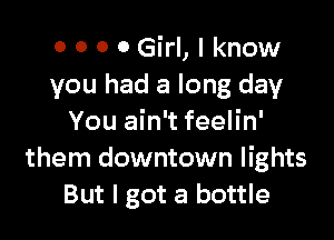 0 0 0 0 Girl, I know
you had a long day

You ain't feelin'
them downtown lights
But I got a bottle
