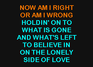 NOW AM I RIGHT
OR AM I WRONG
HOLDIN' ON TO
WHAT IS GONE
AND WHAT'S LEFT
TO BELIEVE IN

ON THE LONELY
SIDEOF LOVE l