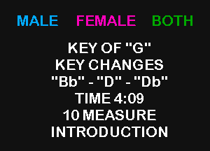 MALE

KEY OF G
KEY CHANGES

Bb - D - Db
TIME4109
1o MEASURE
INTRODUCTION