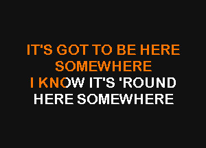 IT'S GOT TO BE HERE
SOMEWHERE

I KNOW IT'S 'ROUND

HERE SOMEWHERE