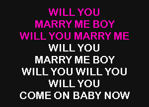WILL YOU

MARRY ME BOY
WILL YOU WILL YOU
WILL YOU
COME ON BABY NOW