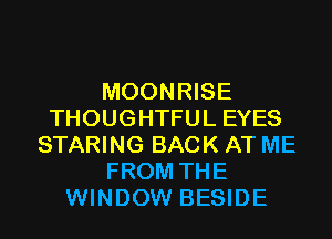 MOONRISE
THOUGHTFUL EYES
STARING BACK AT ME
FROM THE
WINDOW BESIDE