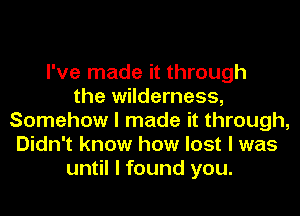 I've made it through
the wilderness,
Somehow I made it through,
Didn't know how lost I was
until I found you.