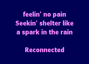 feelin' no pain
Seekin' shelter like

a spark in the rain

Reconnected