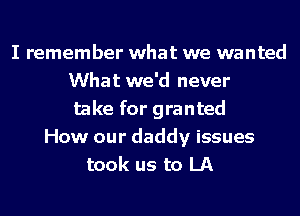 I remember what we wanted
What we'd never
take for granted
How our daddy issues
took us to LA