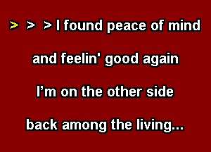 t? e r) I found peace of mind
and feelin' good again

Pm on the other side

back among the living...