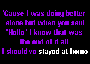 'Cause I was doing better
alone but when you said
Hello I knew that was

the end of it all

I should've stayed at home