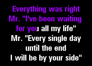 Everything was right
Mr. I've been waiting
for you all my life
Mr. Every single day
until the end
I will he by your side