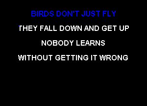 BIRDS DON'T JUST FLY
THEY FALL DOWN AND GET UP
NOBODY LEARNS

WITHOUT GETTING IT WRONG