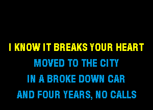 I KNOW IT BREAKS YOUR HEART
MOVED TO THE CITY
IN A BROKE DOWN CAR
AND FOUR YEARS, H0 CALLS