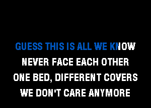GUESS THIS IS ALL WE KNOW
NEVER FACE EACH OTHER
OHE BED, DIFFERENT COVERS
WE DON'T CARE AHYMORE
