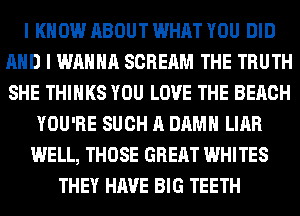 I KNOW ABOUT WHAT YOU DID
AND I WANNA SCREAM THE TRUTH
SHE THINKS YOU LOVE THE BEACH

YOU'RE SUCH A DAMN LIAR
WELL, THOSE GREAT WHITES
THEY HAVE BIG TEETH