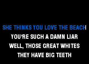 SHE THINKS YOU LOVE THE BEACH
YOU'RE SUCH A DAMN LIAR
WELL, THOSE GREAT WHITES
THEY HAVE BIG TEETH