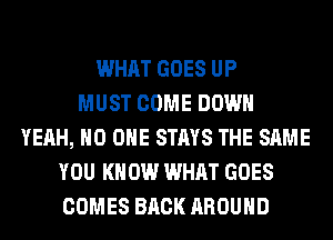 WHAT GOES UP
MUST COME DOWN
YEAH, NO ONE STAYS THE SAME
YOU KNOW WHAT GOES
COMES BACK AROUND