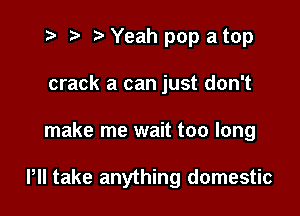 t- r. .v Yeah pop a top
crack a can just don't

make me wait too long

Pll take anything domestic