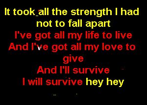 lt tookjall the strength I had
not to fall apart
I've got all my life to live
And I've got all my love to
give
And I'll survive
I will surVive hey hey